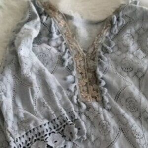 Boho Crochet Sleeve Top – Soft Blue/Grey with Golden Embroidery